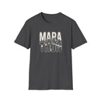 Blue t-shirt with a cat graphic and text on a white background