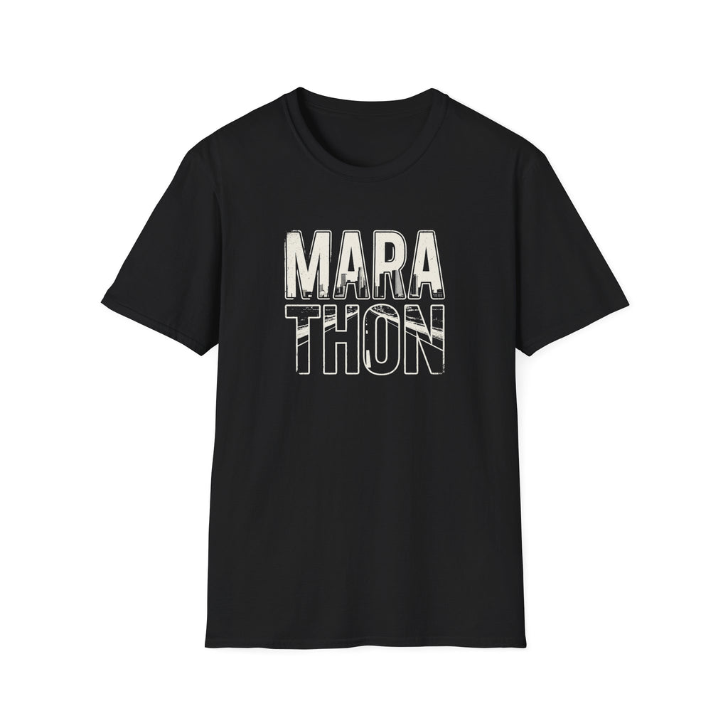 Black t-shirt with 'MARATHON' text on a white background