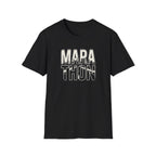 Black t-shirt with 'MARATHON' text on a white background