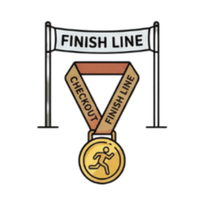 Illustration of a finish line with a checkered ribbon and gold medal on a white background